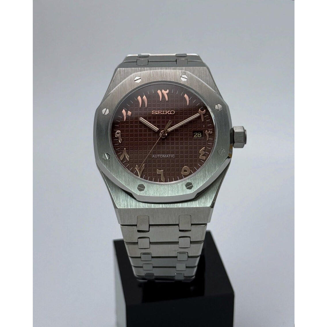 Custom Seiko Mod •  Brown Rose Gold Arabic Silver AP • 42mm